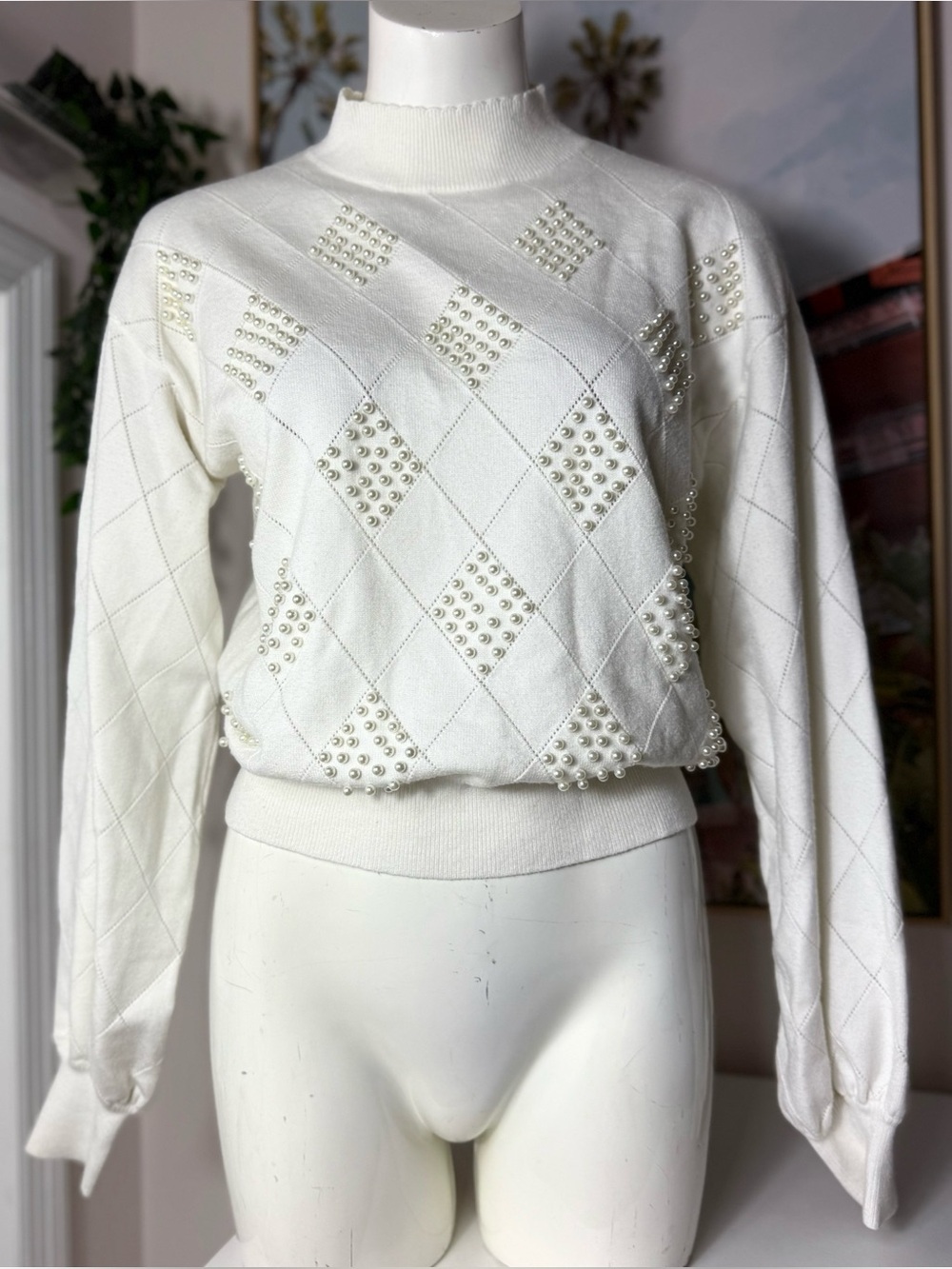 River Island Cream Pearl Embellished Argyle Knit Sweater High Neck Size 10 Large